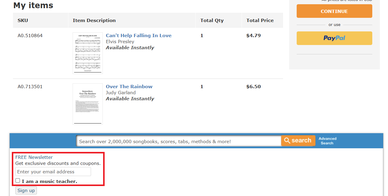 SheetMusicPlus nákupný košík
